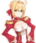  1girl ahoge blonde_hair breasts cleavage closed_mouth epaulettes eyebrows_visible_through_hair fate/extra fate_(series) green_eyes hair_ribbon hands_on_hips medium_breasts red_ribbon ribbon saber_extra short_hair shovelwall smile 