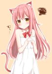  &gt;:t 1girl :t animal_ears bangs bare_shoulders blush bow breasts brown_background cat_ears cat_girl cat_tail closed_mouth cowboy_shot detached_collar dress eyebrows_visible_through_hair frilled_dress frills hair_between_eyes hands_up highres kinakon long_hair looking_at_viewer original pink_hair pout red_bow red_ribbon ribbon small_breasts solo tail twiddling_fingers white_dress yellow_eyes 