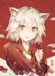  1girl 2017 :p animal_ears candy_apple closed_mouth clouds commentary_request floral_print food hair_between_eyes hand_up holding holding_food inubashiri_momiji japanese_clothes kashii_(amoranorem) kimono long_sleeves looking_at_viewer orange_eyes print_kimono red_kimono red_sun short_hair slit_pupils solo tongue tongue_out touhou upper_body white_hair wolf_ears yukata 