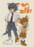  2boys animal_ears black_necktie boots bow bowtie bright_pupils brown_hair cat_ears cat_tail copyright_name gloves green_eyes grey_background grey_hair hands_on_hips hanna-barbera hanna-barbera_(style) jerry_(tom_and_jerry) male_focus mgm mouse_ears mouse_tail multiple_boys necktie oldschool one_eye_closed open_mouth paw_print paw_shoes pawa_(bugendai_shounen) personification red_bow red_bowtie shoes short_hair simple_background smile socks standing standing_on_one_leg suspenders tail tezuka_osamu_(style) tom tom_(tom_and_jerry) tom_and_jerry waistcoat warner_bros white_gloves yellow_sclera 
