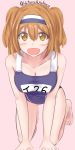  :d ayakase_hotaru breasts cleavage hairband highres i-26_(kantai_collection) kantai_collection kneeling light_brown_eyes light_brown_hair long_hair new_school_swimsuit open_mouth smile twitter_username two-tone_hairband two_side_up 