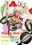  1girl 2017 alternate_costume blush body_writing breasts calligraphy_brush character_name dark_skin guilty_gear guilty_gear_xrd hagoita hanetsuki happy_new_year high_ponytail highres japanese_clothes kimono long_hair looking_at_viewer new_year no_bra paddle paintbrush ramlethal_valentine razu_(rus) solo twitter_username weapon white_hair yellow_eyes 