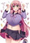  1girl akashi_(kantai_collection) blush bouncing_breasts breasts cosplay crescent crescent_hair_ornament green_eyes hair_ornament hair_ribbon kantai_collection kusano_(torisukerabasu) large_breasts long_hair looking_at_viewer midriff navel open_mouth pink_hair pleated_skirt ribbon school_uniform serafuku skirt solo tress_ribbon twintails undersized_clothes uzuki_(kantai_collection) uzuki_(kantai_collection)_(cosplay) 