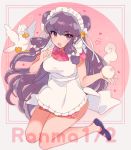  1girl apron bangs baozi bird breasts china_dress chinese_clothes coke-bottle_glasses copyright_name double_bun dress duck floral_print food full_body headdress heart holding holding_foood kneeling long_hair looking_at_viewer miyako_(xxxbibit) mousse_(duck) open_mouth purple_clothes purple_dress purple_hair purple_shoes ranma_1/2 shampoo_(ranma_1/2) shoes short_dress smile solo steam very_long_hair violet_eyes waitress 