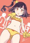  1girl 2017 :o artist_name asymmetrical_bangs bangs bird black_hair blush bow bow_panties bra breasts chick chicken collarbone dutch_angle eyebrows_visible_through_hair from_below hand_up hips long_hair looking_at_viewer looking_down mirakururu mittens navel open_mouth orange_bow orange_eyes original panties side_ponytail signature small_breasts solo stomach thighs underwear underwear_only year_of_the_rooster yellow_bra yellow_panties 