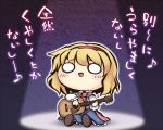  1girl alice_margatroid blonde_hair blouse blue_skirt blush capelet chibi commentary_request frills guitar hairband instrument long_sleeves music musical_note nekoguruma o_o open_mouth scarf short_hair singing sitting skirt solo spotlight touhou translation_request 