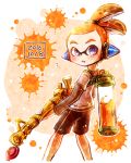  1boy bamboozler_14_(splatoon) black_shorts blue_eyes dated domino_mask from_side hair_slicked_back harutarou_(orion_3boshi) headgear holding holding_weapon ink_tank_(splatoon) inkling looking_at_viewer male_focus mask orange_hair paint_splatter parted_lips pointy_ears scrunchie short_hair short_over_long_sleeves shorts single_vertical_stripe solo splatoon standing tentacle_hair topknot weapon 
