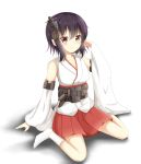  1girl bare_shoulders black_hair commentary_request detached_sleeves hair_ornament headgear japanese_clothes kantai_collection looking_at_viewer moyoron nontraditional_miko red_eyes red_skirt short_hair sitting skirt solo wariza white_background white_legwear wide_sleeves yamashiro_(kantai_collection) younger 