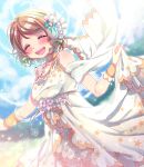  1girl ^_^ blush bracelet brown_hair closed_eyes dress earmuffs flower gown green_ribbon hair_flower hair_ornament highres hina_(hinalovesugita) jewelry koizumi_hanayo love_live! love_live!_school_idol_project necklace open_mouth ribbon short_hair skirt_hold smile solo star striped striped_ribbon 