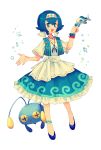  1girl :d alternate_costume anklet bangle beans blue_eyes blue_hair blush bracelet chinchou dress earrings flats hairband highres jewelry necklace npc npc_trainer open_mouth outstretched_hand pokemon pokemon_(creature) pokemon_(game) pokemon_sm sarami_(sa_rami30) short_hair short_sleeves simple_background smile solo suiren_(pokemon) traditional_clothes trial_captain white_background wide_sleeves wishiwashi 