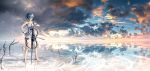  1girl barefoot closed_eyes clouds dress highres horizon instrument landscape music original reflection short_hair sky solo violin water watermark wenqing_yan 