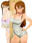  2girls ;) arm_behind_head blue_eyes blush breasts brown_hair cleavage covered_navel hand_on_hip highres kagemusha large_breasts long_hair looking_at_viewer mother_and_daughter multiple_girls naked_towel one_eye_closed original ponytail smile tan towel underwear underwear_only wet 