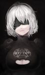  1girl artist_request black_dress blindfold breasts cleavage cleavage_cutout dress hairband head_tilt large_breasts mole mole_under_mouth nier_(series) nier_automata short_hair white_hair yorha_no._2_type_b 