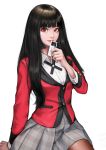  1girl absurdres bangs black_hair blazer blunt_bangs card commentary cosplay highres hime_cut holding jabami_yumeko jabami_yumeko_(cosplay) jacket jungon_kim kakegurui lips long_hair long_sleeves looking_at_viewer multicolored multicolored_clothes parted_lips pink_lips red_blazer school_uniform shirt solo white_background white_shirt 