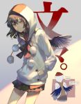  1girl alternate_costume black_hair black_skirt black_wings buttons hands_in_pockets hood hoodie leaning_forward long_sleeves lor968 miniskirt mouth_hold pen pom_pom_(clothes) red_eyes shameimaru_aya skirt solo touhou translation_request wings 
