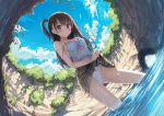  1girl absurdres araragikoyomis breasts brown_eyes brown_hair cleavage derivative_work highres outdoors perspective side_ponytail wet wet_clothes 
