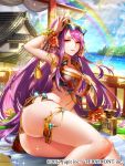  1girl 2017 ass bikini breasts cleavage company_name large_breasts long_hair looking_at_viewer official_art ojyou original purple_hair rainbow red_eyes sitting solo sunglasses swimsuit thighlet 