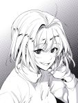  1girl ahoge arcueid_brunestud bonkara_(sokuseki_maou) breasts commentary_request from_above gradient gradient_background greyscale grin hand_in_hair long_sleeves looking_at_viewer monochrome short_hair smile solo sweater tsukihime upper_body 