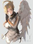  1girl :d alternate_wings angel_wings black_gloves blonde_hair blue_eyes bodysuit breast_squeeze breasts character_name covered_navel emblem feathered_wings gloves grey_background hands_together high_ponytail highres large_breasts looking_at_viewer mechanical_halo mercy_(overwatch) open_mouth overwatch praying simple_background skin_tight sky_of_morika smile solo swiss_flag teeth upper_body white_wings wings 