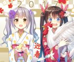  2017 2girls alexmaster animal animal_print bangs bird blue_eyes blush checkered checkered_background chick chick_print chicken eyebrows_visible_through_hair feathers floral_background floral_print flower hair_between_eyes hair_flower hair_ornament hair_ribbon happy_new_year highres holding holding_animal japanese_clothes kanzashi kimono long_hair long_sleeves looking_at_another looking_down multiple_girls nengajou new_year obi open_mouth original pink_ribbon purple_flower red_kimono ribbon rooster sash silver_hair smile startled teeth translated twintails upper_body wavy_hair wavy_mouth white_kimono wide_sleeves year_of_the_rooster yellow_eyes 