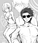  1girl 2boys alternate_costume arms_behind_back bare_shoulders bikini blush breasts cleavage detached_sleeves fate/grand_order fate_(series) front-tie_bikini front-tie_top fujimaru_ritsuka_(male) greyscale hair_over_one_eye lancelot_(fate/grand_order) medium_breasts monochrome multiple_boys nkdume_(dadadadann) shielder_(fate/grand_order) short_hair sunglasses sweatdrop swimsuit 