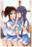  2girls :d absurdres arm_holding black_hair black_legwear blue_eyes blue_skirt collarbone curtains eye_contact eyebrows_visible_through_hair finger_to_another&#039;s_mouth hair_between_eyes hibike!_euphonium highres indoors kasaki_nozomi kneeling locked_arms long_hair looking_at_another multiple_girls open_mouth pleated_skirt profile red_eyes scan school_uniform serafuku shirt short_sleeves side-by-side sitting skirt smile white_legwear white_shirt window yazawa_oke yoroizuka_mizore yuri 