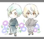  2boys :3 blonde_hair chibi eyes_visible_through_hair flower green_hair higekiri_(touken_ranbu) hizamaru_(touken_ranbu) japanese_clothes kimono male_focus mizuhara_aki morning_glory multiple_boys sandals smile touken_ranbu yellow_eyes yukata 