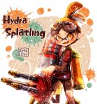 1boy bike_shorts black_shorts cowboy_shot domino_mask english fang goggles goggles_on_head hair_slicked_back harutarou_(orion_3boshi) holding holding_weapon hydra_splatling_(splatoon) ink_tank_(splatoon) inkling inkling_(language) looking_at_viewer male_focus mask open_mouth orange_eyes orange_hair pointy_ears red_shirt scrunchie shirt short_hair short_over_long_sleeves shorts single_vertical_stripe smile solo splatoon standing tentacle_hair topknot weapon 
