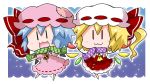  2girls :3 ascot bat_wings blonde_hair blue_hair blush bow brooch buttons chibi commentary_request crystal detached_wings dress flandre_scarlet full_body gradient gradient_background hat hat_bow jewelry mob_cap multiple_girls noai_nioshi open_mouth patch pink_dress pink_hat puffy_short_sleeves puffy_sleeves red_bow red_eyes red_skirt red_vest remilia_scarlet ribbon-trimmed_clothes ribbon_trim scarf short_hair short_sleeves siblings side_ponytail sisters skirt skirt_set snow touhou vest white_hat wings |_| 