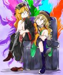  2girls black_dress blonde_hair chair chinese_clothes dress dressing expressionless eye_contact junko_(touhou) knee_to_chest long_hair looking_at_another matara_okina multicolored multicolored_background multiple_girls orange_dress parted_lips pink_eyes putting_on_boots rochika_gekijou shoe_removed shoes single_shoe sitting sketch sock_pull touhou yellow_eyes 