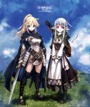  &gt;:) 2girls :d armor belt black_legwear blonde_hair blue_eyes blue_hair boots cape capelet clouds corset day dress elf guitar hitomaru hood instrument knee_boots long_hair multiple_girls open_mouth original outdoors pointy_ears ponytail red_eyes sheath short_dress sky smile sword thigh-highs underbust v_arms weapon 