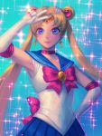  1girl bellhenge bishoujo_senshi_sailor_moon blonde_hair blue_eyes bow double_bun earrings elbow_gloves gloves jewelry looking_at_viewer sailor_collar sailor_moon smile solo sparkle tsukino_usagi twintails v white_gloves 