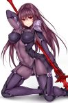 1girl blue_gk blush bodysuit breasts covered_navel fate/grand_order fate_(series) gae_bolg highres kneeling large_breasts long_hair looking_at_viewer pauldrons polearm purple_bodysuit purple_hair red_eyes scathach_(fate/grand_order) simple_background smile solo spear weapon white_background 