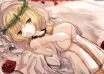  1girl artist_name bangs bare_shoulders blonde_hair breasts chains cleavage dyolf elbow_gloves fate/extra fate/grand_order fate_(series) flower gloves green_eyes head_wreath key large_breasts lock looking_at_viewer lying on_back padlock rose saber_bride saber_extra short_hair solo upper_body veil white_gloves zipper 