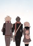  1girl 2boys backpack bag brown_hair dangan_ronpa flipped_hair hinata_hajime hood hoodie jacket komaeda_nagito multiple_boys nanami_chiaki pink_hair smile super_dangan_ronpa_2 unagi_(515816703) white_hair winter_clothes 