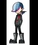  1boy black_boots black_pants black_shirt blue_hair boots cross-laced_footwear fish_tail hair_over_eyes ishukandaru kirimi_(splatoon) lace-up_boots male_focus necktie pants pillarboxed pointy_ears ponytail red_necktie scales shirt solo splatoon 