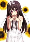  1girl absurdres amatsutsumi bare_shoulders black_hair blush breasts dress flower hair_ribbon hairband highres long_hair looking_at_viewer naze open_mouth oribe_kokoro red_eyes ribbon solo steepled_fingers sundress sunflower very_long_hair white_background 