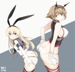  2girls anchor_hair_ornament ass ass-to-ass bare_shoulders black_panties blonde_hair blush breasts brown_eyes brown_hair butt_crack crop_top elbow_gloves gloves green_eyes hair_ornament hairband headgear highleg highleg_panties kantai_collection large_breasts long_hair looking_at_another multiple_girls mutsu_(kantai_collection) panties sailor_collar shimakaze_(kantai_collection) short_hair sideboob simple_background smile souji standing striped striped_legwear thigh-highs underwear white_gloves white_panties 