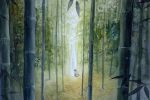  amber_t axe back bamboo bamboo_forest black_hair forest from_behind glowing leaf light_particles long_hair mushishi nature on_ground outdoors setsu_(mushishi) sitting solo traditional_media tree watercolor_(medium) weapon 