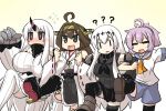  4girls ?? ahoge aircraft_carrier_water_oni aoba_(kantai_collection) blush blush_stickers boots breasts brown_eyes brown_hair claws closed_eyes collar comic commentary_request detached_sleeves dress elbow_gloves flying_sweatdrops gloves gomasamune hairband headgear highres horn huge_breasts japanese_clothes kantai_collection kongou_(kantai_collection) large_breasts leg_up lineup locked_arms long_hair long_sleeves multiple_girls neckerchief nichijou nontraditional_miko open_mouth parody pink_hair pleated_skirt ponytail red_eyes school_uniform seaport_hime serafuku shinkaisei-kan short_hair short_sleeves shorts sidelocks skirt sleeveless smile sweater sweater_dress thigh-highs white_hair wide_sleeves yellow_background 