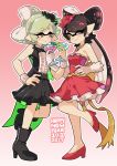  +_+ 2017 2girls aori_(splatoon) black_boots black_hair black_hat black_jacket black_skirt boots bow bowtie brown_eyes closed_mouth coattails commentary cousins cup dated domino_mask dress dress_shirt drinking_glass formal gloves gradient gradient_background grey_hair hand_on_hip happy_new_year hat holding hotaru_(splatoon) jacket jewelry leg_up locked_arms long_hair looking_at_another mask mini_hat mole mole_under_eye multiple_girls necklace new_year one_eye_closed pink_background pink_dress pink_hat pink_shoes shirt shoes short_hair skirt sleeveless smile splatoon standing standing_on_one_leg strapless strapless_dress tentacle_hair white_gloves white_shirt wine_glass wong_ying_chee wrist_cuffs zipper 