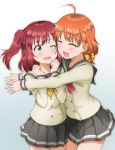  2girls ahoge blush closed_eyes highres hug ichiban_no_yagi kurosawa_ruby love_live! love_live!_school_idol_project love_live!_sunshine!! multiple_girls open_mouth redhead school_uniform serafuku skirt smile takami_chika yuri 