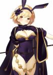  1girl animal_ears arm_behind_back black_legwear blonde_hair blush breasts brown_eyes cape cleavage covered_navel djeeta_(granblue_fantasy) fake_animal_ears flower granblue_fantasy hair_flower hair_ornament hairband kaisen_chuui large_breasts leotard looking_at_viewer rabbit_ears sage_(granblue_fantasy) short_hair simple_background smile solo staff thigh-highs white_background 