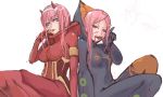  2girls :p anemone_(eureka_seven) blue_eyes bodysuit breasts darling_in_the_franxx eureka_seven eureka_seven_(series) horns long_hair looking_at_viewer multiple_girls panties_(pantsu-pirate) pink_hair simple_background smile tongue tongue_out violet_eyes white_background zero_two_(darling_in_the_franxx) 