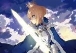  1girl ahoge armor armored_dress blonde_hair clouds cloudy_sky coat crown dress excalibur fate/grand_order fate/stay_night fate_(series) fighting_stance fur-trimmed_coat fur_trim gauntlets glint glowing glowing_sword glowing_weapon green_eyes hatsuko holding holding_sword holding_weapon looking_afar saber sky solo sparkle sword weapon 