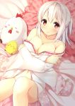  1girl albino bangs bare_shoulders bed_sheet bird blush bottomless breasts chick chicken cleavage closed_mouth collarbone crossed_arms eyebrows_visible_through_hair floral_print frilled_pillow frills highres japanese_clothes karutamo kimono kimono_pull large_breasts looking_at_viewer lying navel on_back on_bed original pillow polka_dot_pillow red_eyes smile solo stuffed_animal stuffed_chicken stuffed_toy tisshu_(karutamo) white_hair white_kimono 