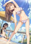  2girls :d absurdres arm_up bare_legs beach_umbrella bikini bikini_skirt black_hair blue_bikini blue_sky blush braid breasts bridge brown_eyes brown_hair cleavage gluteal_fold hair_ornament highres huge_filesize kantoku koi_suru_kanojo_no_bukiyou_na_butai long_hair medium_breasts multiple_girls nanase_sena navel open_mouth outdoors plaid plaid_bikini reading scan side-tie_bikini sitting sky small_breasts smile stretch sunlight swimsuit togawa_mayuu twin_braids umbrella violet_eyes 