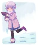  1girl black_legwear blush boots bow brown_eyes coat earmuffs frown full_body hat heart heart_print holding idolmaster idolmaster_cinderella_girls koshimizu_sachiko leg_up looking_at_viewer mittens nose_blush open_mouth outdoors pantyhose purple_hair shoes short_hair skirt snow socks solo standing standing_on_one_leg uso_(ameuzaki) winter winter_clothes winter_coat 