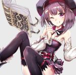  1girl ;q bare_shoulders belt book detached_sleeves fate/grand_order fate_(series) flat_chest hat helena_blavatsky_(fate/grand_order) looking_at_viewer one_eye_closed purple_hair short_hair smile solo strapless thigh-highs tongue tongue_out tosk_(swav-coco) violet_eyes 