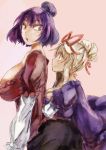  2girls alternate_hairstyle blonde_hair breast_press breasts hair_bun hair_rings hair_up huge_breasts long_hair multiple_girls purple_hair red_eyes short_hair skirt smile touhou violet_eyes yakumo_yukari yasaka_kanako yohane 